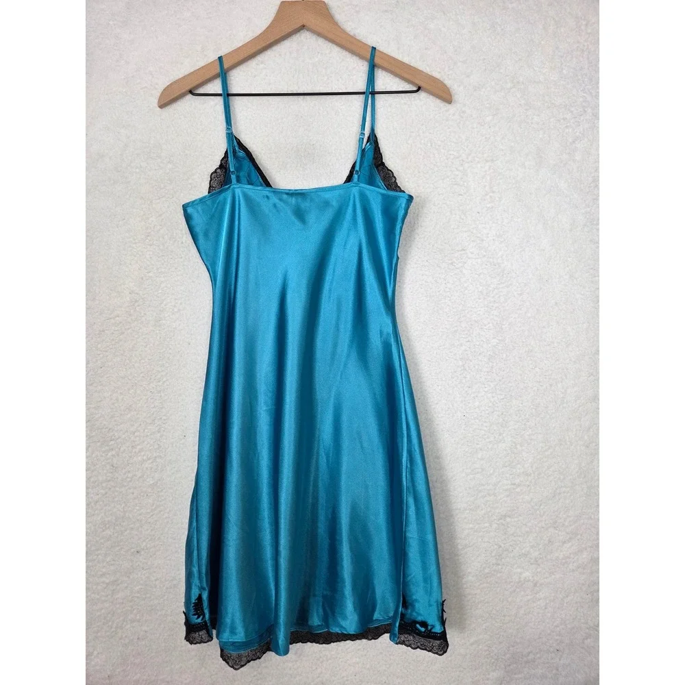 Vtg 90s Womens Babydoll Satin Lace Trim Slip Dress Nightie L Equestrian Coquette